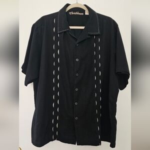 Caribbean Mens Black 55% Cotton 45% Silk Short Sleeve Button Down Shirt Size XL